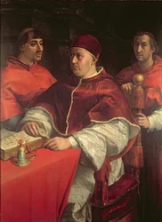 Papst Leo X. mit zwei Kardinälen, nach einem Gemälde von Raphael (Tempera auf Holztafel)